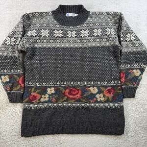 Icelandic Design Sweater Womens Medium Grey 100% Wool Fair Isle Floral Pullover
